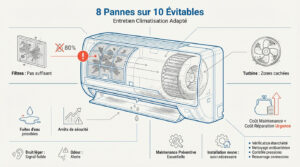 Infographie montrant les risques de pannes d'une climatisation sans entretien : filtres encrassés, turbine sale et fuites.