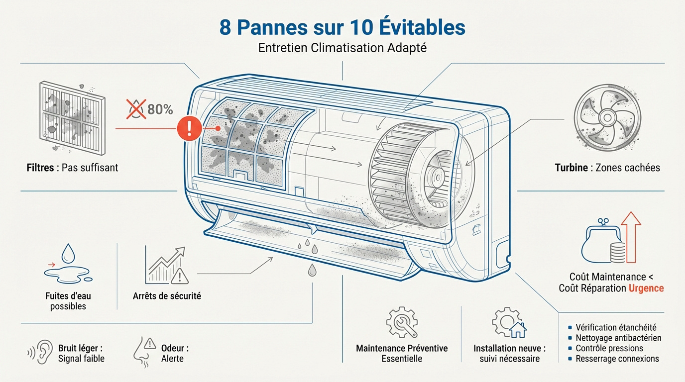 Technicien réalisant l'entretien d'une unité de climatisation murale