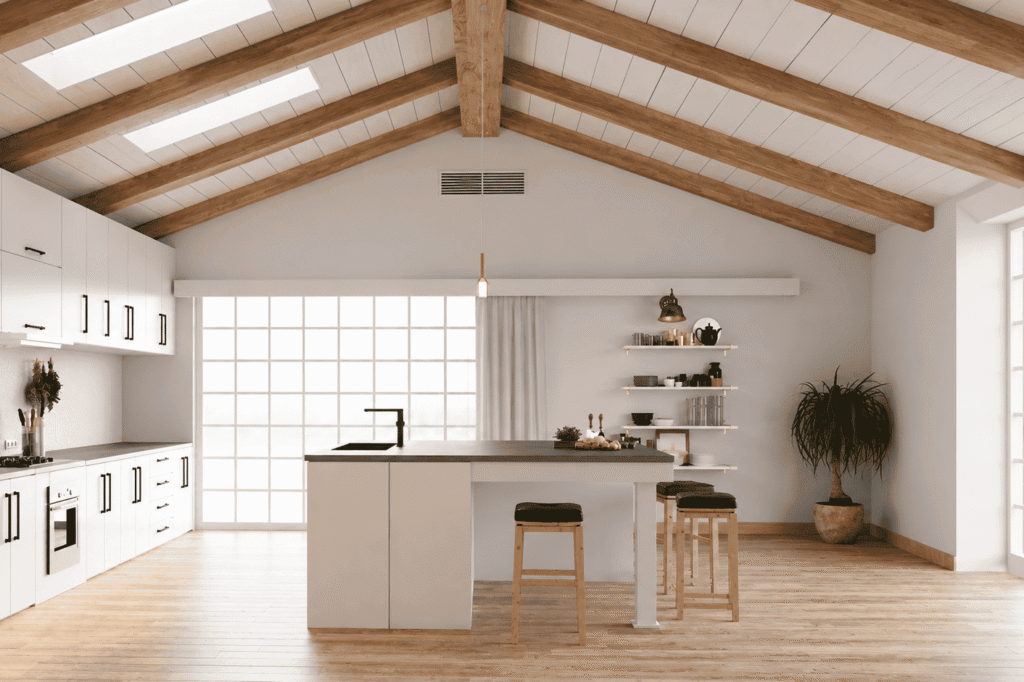 Cuisine de maison avec climatisation gainable intégrée au plafond, exemple d’installation de climatisation pour une maison