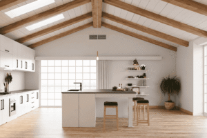Cuisine de maison avec climatisation gainable intégrée au plafond, exemple d’installation de climatisation pour une maison