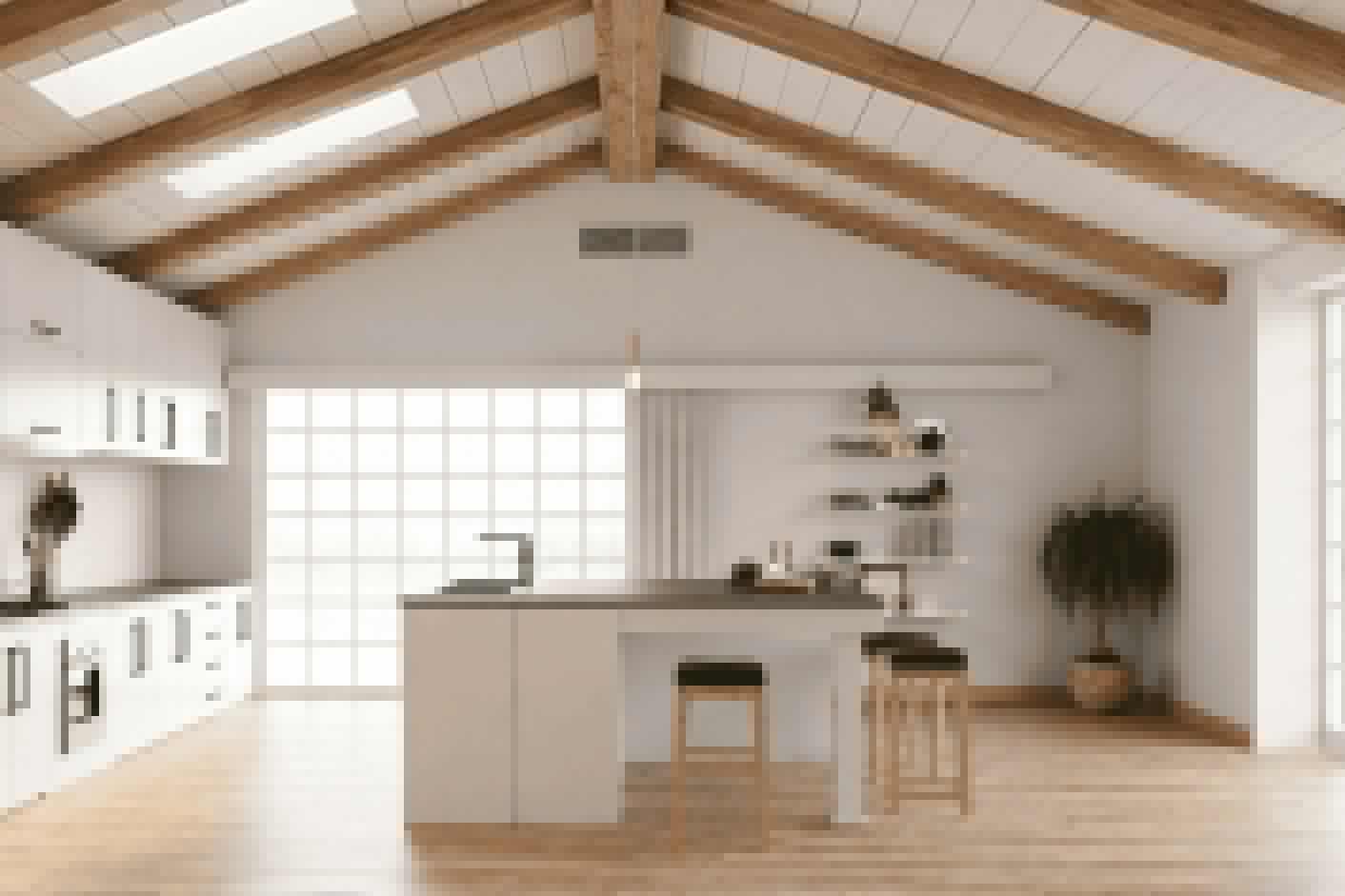 Cuisine ouverte avec grille de soufflage au plafond d’une climatisation gainable, alternative invisible au multisplit